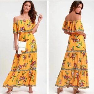 Lulu’s Cancun Cutie Yellow Floral Print Off-the-Shoulder Maxi Dress  NWOT Sz. L